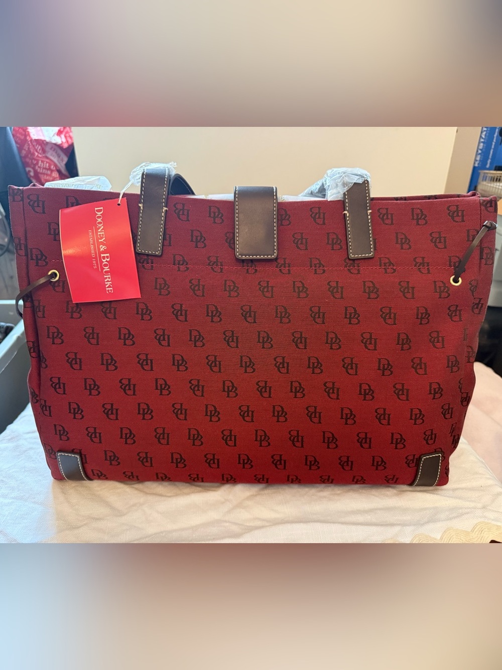 Dooney & Bourke Red Logo Canvas Tote with Brown Leather Trim